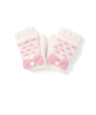 ミトン指なし2WAYハートいっぱいリボン手袋