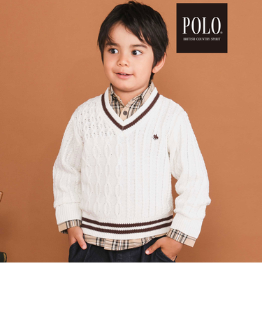 【POLO BCS(ポロ・ビーシーエス)×SLAP SLIPコラボ】襟ライン入りVネックトラッドニットプルオーバー(80~130cm)
