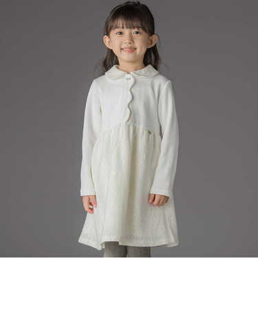 ニットリブ+レース起毛ドッキング長袖ワンピース(95~150cm)