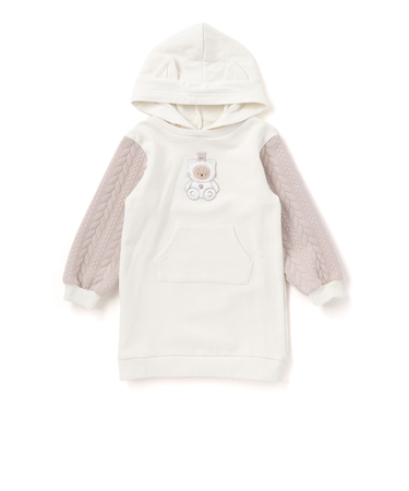 ウサギネコアニマルふわふわパッチ刺しゅう袖切り替えフーディーワンピース(80~130cm)