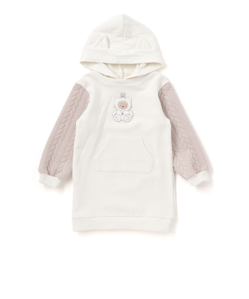 ウサギネコアニマルふわふわパッチ刺しゅう袖切り替えフーディーワンピース(80~130cm)