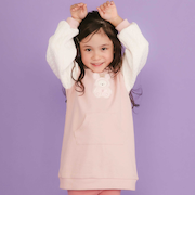 ウサギネコアニマルふわふわパッチ刺しゅう袖切り替えフーディーワンピース(80~130cm)