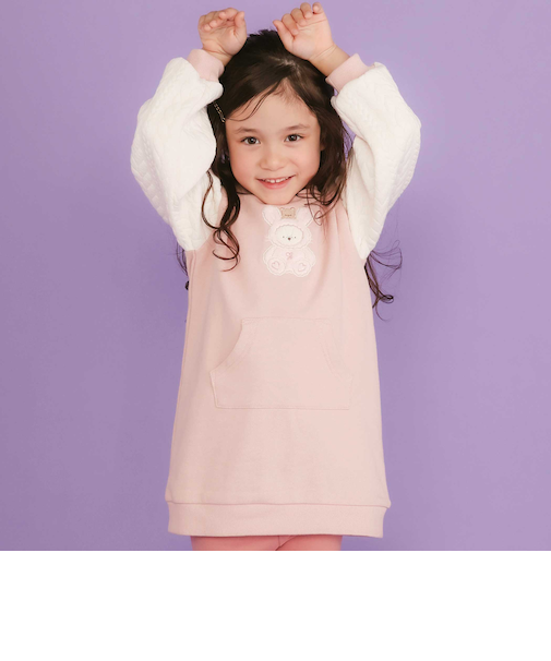 ウサギネコアニマルふわふわパッチ刺しゅう袖切り替えフーディーワンピース(80~130cm)