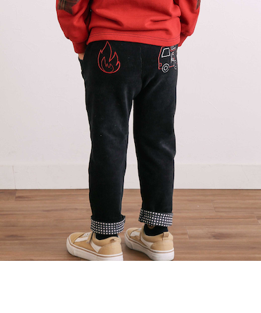 消防車恐竜おしりパッチ折り返し裾チェックロングパンツ(80~130cm)