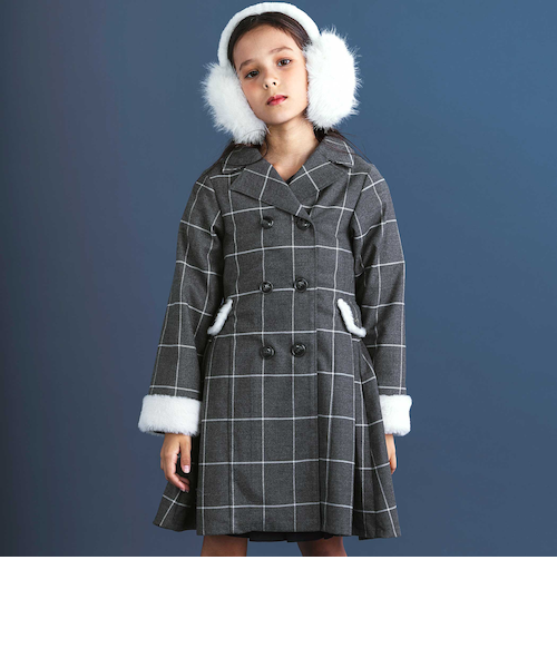 ファー付きツイル＆チェックコートワンピース(110~150cm)｜ベベ