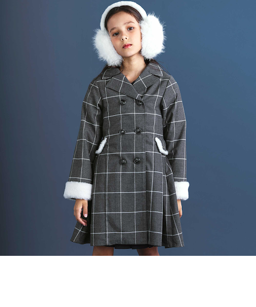 ファー付きツイル&チェックコートワンピース(110~150cm)