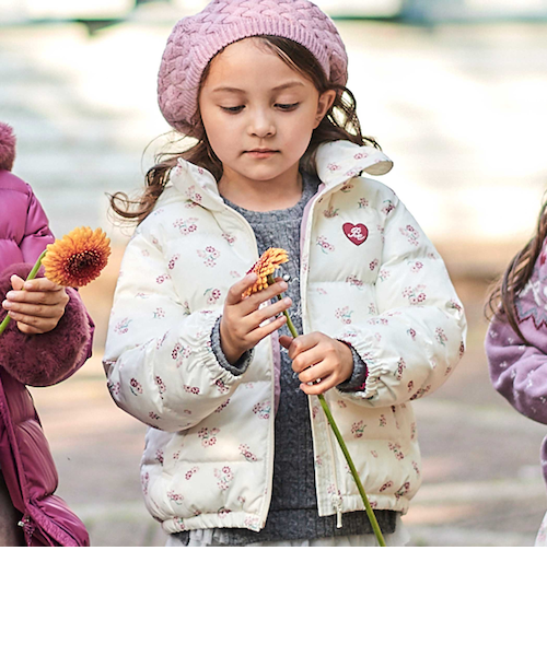 撥水加工】Girlyフラワープリントタフタフード中綿コート(90~150cm