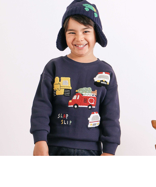 【裏起毛】はたらくくるまイヌ恐竜サガラ刺しゅうトレーナー(80~130cm)