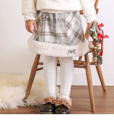 【お揃い】ファー切替チェック台形スカート(90~130cm)