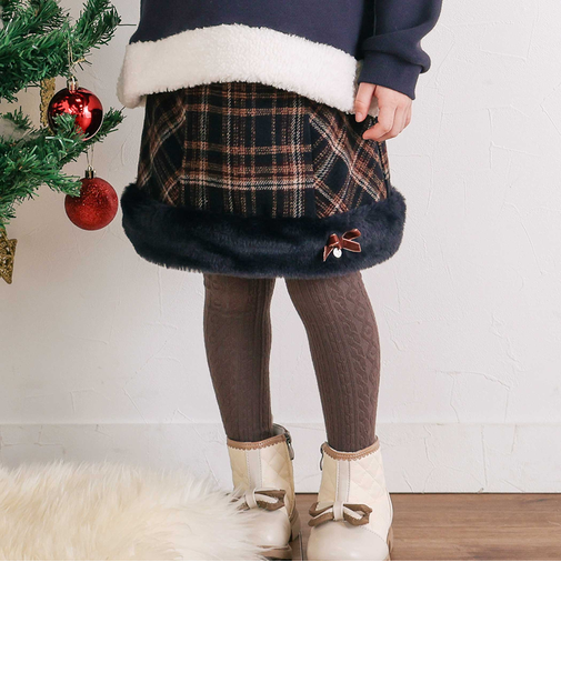 【お揃い】ファー切替チェック台形スカート(90~130cm)