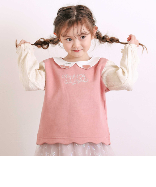 【裏起毛】ハートチェリーイチゴ刺しゅう襟付き袖切り替え裾スカラップトレーナー(80~130cm)