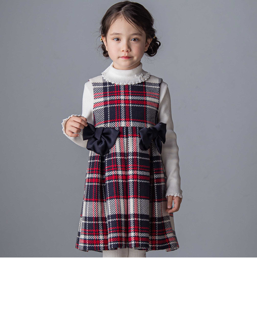 【日本製】【お揃い】ウールチェックサイドリボン付きジャンパースカート(90~140cm)