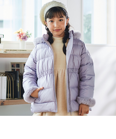 【撥水加工】シャイニータフタウエスト切り替えシャギーファーフードダウンコート(90~150cm)