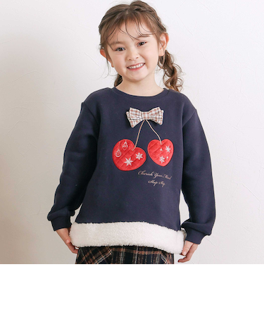 イチゴチェリーパッチ刺しゅうリボン付き裾ボアトレーナー(80~130cm)