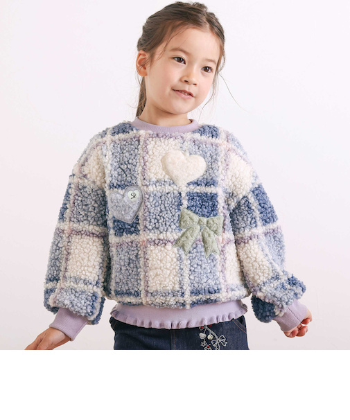 ハートリボンキラキラボアパッチもこもこチェックトレーナー(80~130cm)