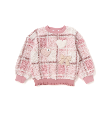 ハートリボンキラキラボアパッチもこもこチェックトレーナー(80~130cm)