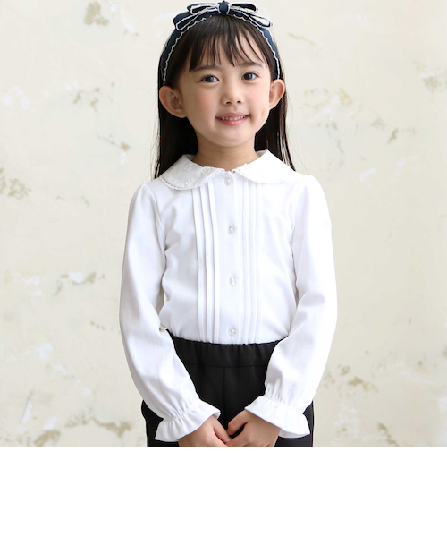 花レース丸襟フロントタックスムース長袖ブラウス(90~140cm)|ベベ 花レース丸襟フロントタックスムース長袖ブラウス(90~140cm)|ベベ