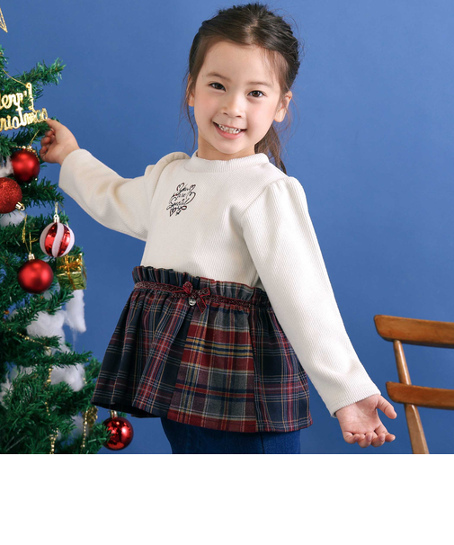 【お揃い】ハートいっぱい刺しゅうモチーフ切り替えチェックドッキングトレーナー(80~130cm)