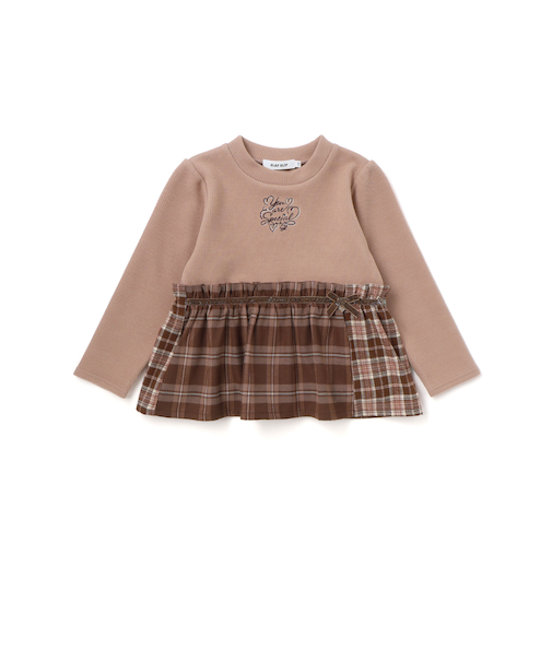 【お揃い】ハートいっぱい刺しゅうモチーフ切り替えチェックドッキングトレーナー(80~130cm)