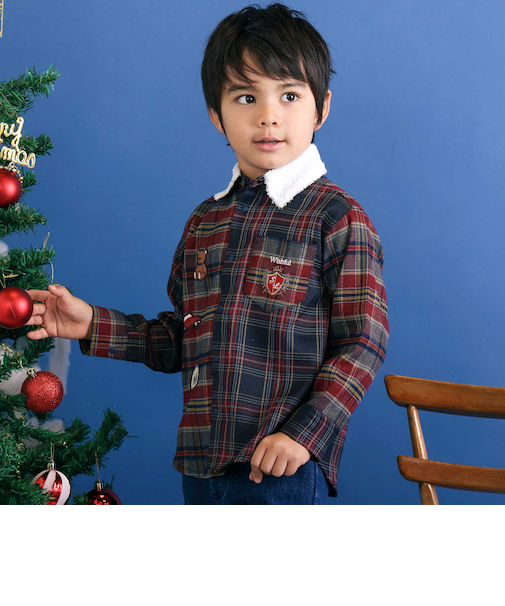 【お揃い】もこもこボア襟切り替えチェックシャツ(90~130cm)