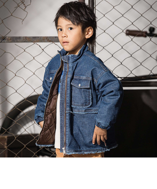 フリンジストレッチデニム中綿キルトジャケット(110~160cm)