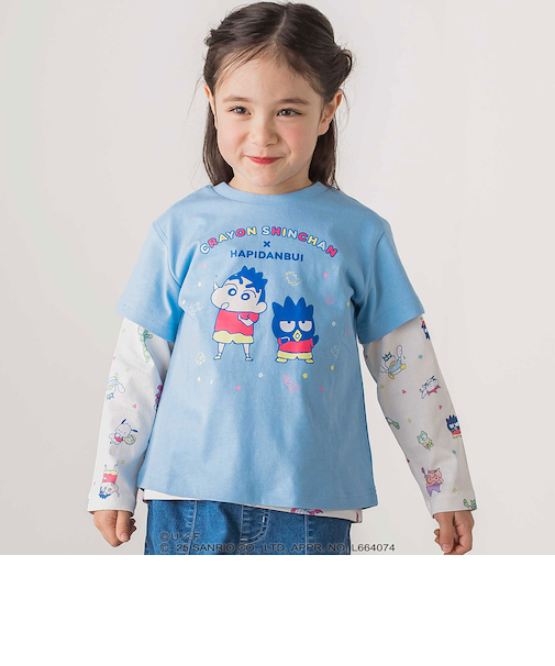 【原作クレヨンしんちゃん×はぴだんぶい×SLAPSLIP】フロントプリント半袖Tシャツ+総柄長袖Tシャツ2点セット(80~120cm)