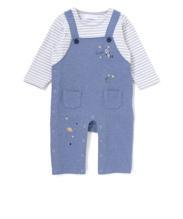 【お揃い】ボーダーTシャツ重ね着風長袖ロンパース(70~80cm)