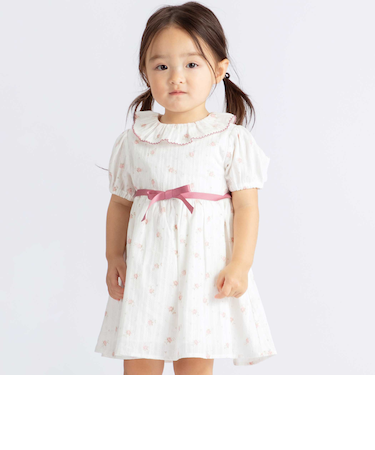 【お揃い】花柄フリルカラーパフスリーブワンピース(80~100cm)