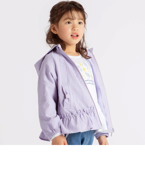 【撥水加工】サッカーチェックフード付きペプラムブルゾン(90~150cm)