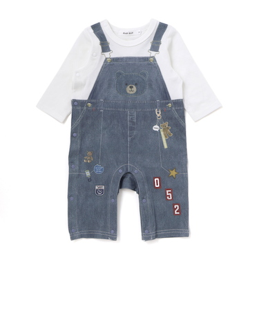 アニマルクマさんストライプサロペット重ね着風プリントロンパースベビー(60~80cm)