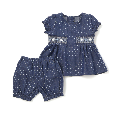 花ドットデニムラメドット柄ストライプスモッキング刺しゅうワンピース+ブルマセットアップベビー(70~80cm)