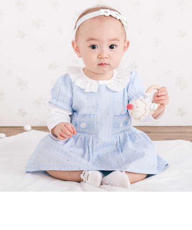 花ドットデニムラメドット柄ストライプスモッキング刺しゅうワンピース+ブルマセットアップベビー(70~80cm)