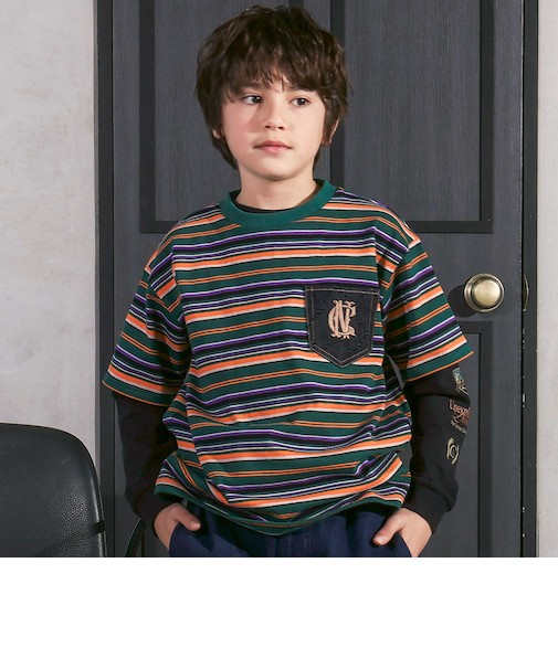 ロゴ入り長袖Tシャツ＋マルチボーダー半袖Tシャツセット(110~150cm)