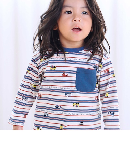 【スララク/防汚加工/オーガニックコットン】わくわくデザイン男の子長袖Tシャツ(80~130cm)