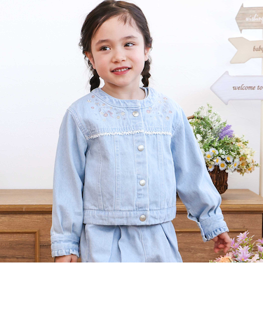 ツイルデニム後ろリボンレース刺しゅう入りノーカラージャケット(90~130cm)