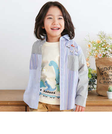 はたらくくるま刺しゅう胸ポケット切り替えデザインシャツ(80~130cm)