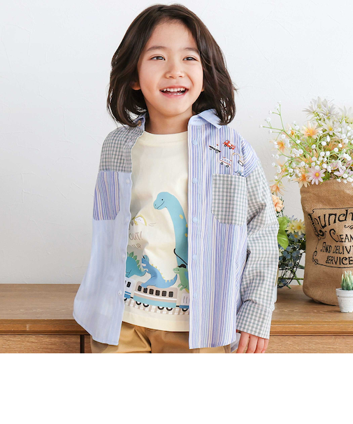 はたらくくるま刺しゅう胸ポケット切り替えデザインシャツ(80~130cm)