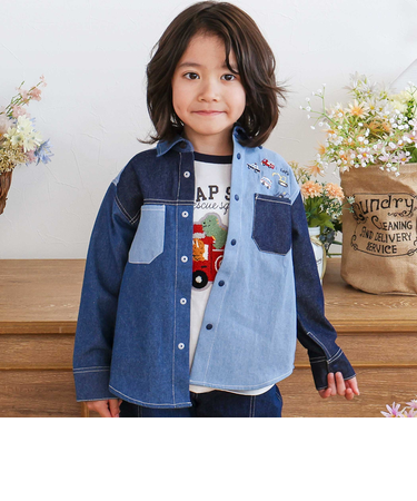 はたらくくるま刺しゅう胸ポケット切り替えデザインシャツ(80~130cm)