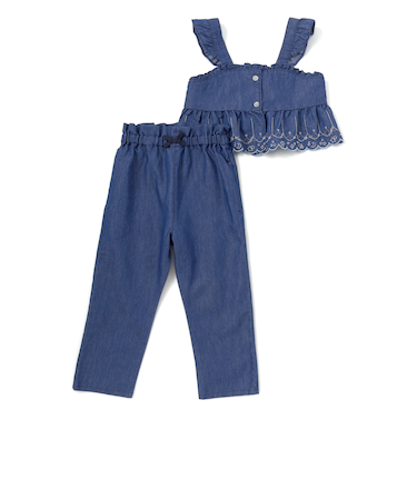 キラキラ刺しゅう裾スカラップ無地ドットライトオンスデニムセットアップ(90~130cm)