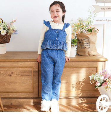 キラキラ刺しゅう裾スカラップ無地ドットライトオンスデニムセットアップ(90~130cm)