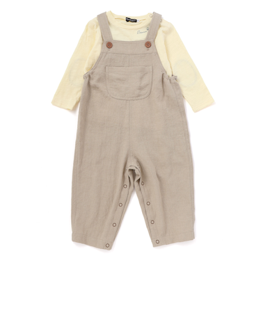 スラブ天竺肘パッチ長袖Tシャツ+オーバーオールセット(80~90cm)