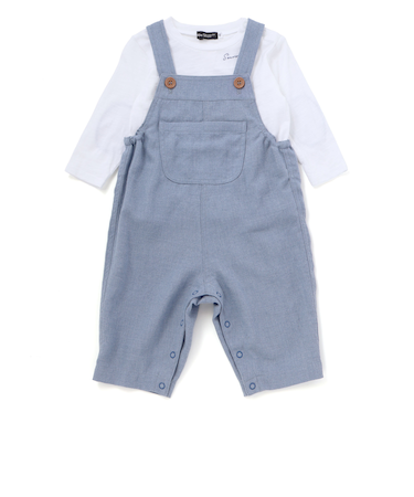 スラブ天竺肘パッチ長袖Tシャツ+オーバーオールセット(80~90cm)