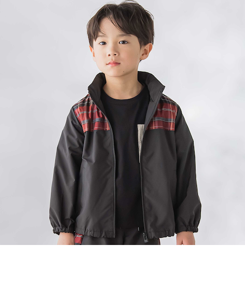 【お揃い】タフタ+チェック切り替えジップアップブルゾン(95~150cm)