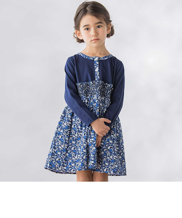天竺+小花シャーリング長袖ワンピース(95~150cm)