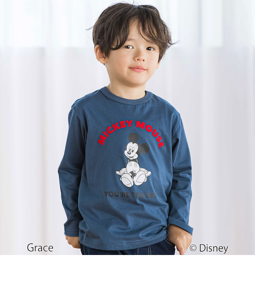 【Disney(ディズニー)】<ミッキーマウス>プリント天竺長袖Tシャツ(90~130cm)