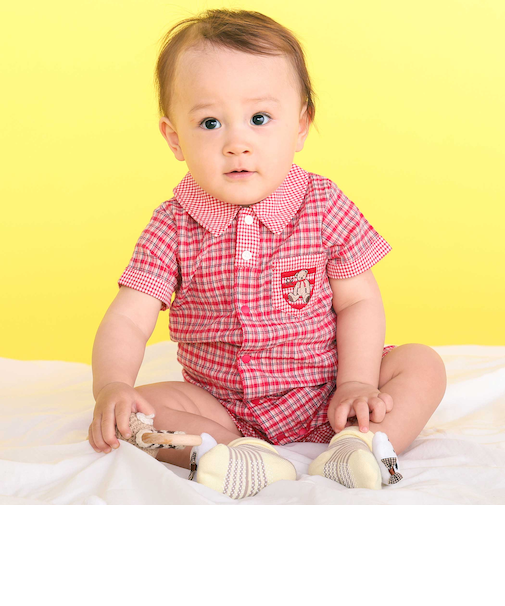 クマアニマル刺しゅう胸ポケット襟付きチェック半袖ロンパースベビー(70~80cm)