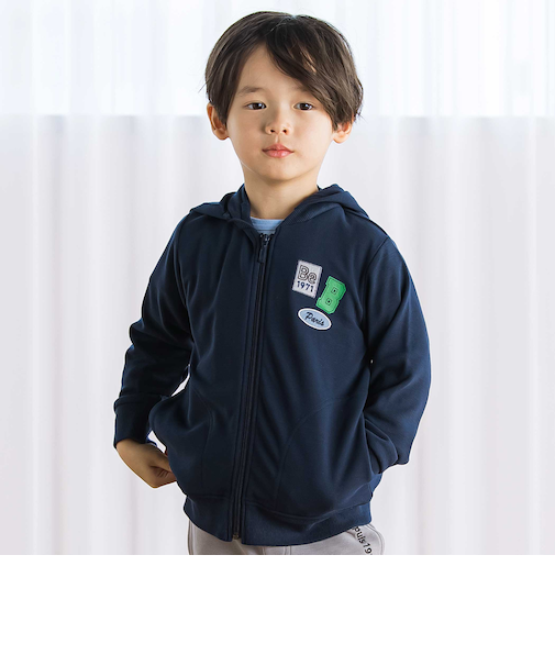 【抗菌防臭・UVカット】ミラノリブワッペン付きフード長袖ZIPカーディガン(90~130cm)