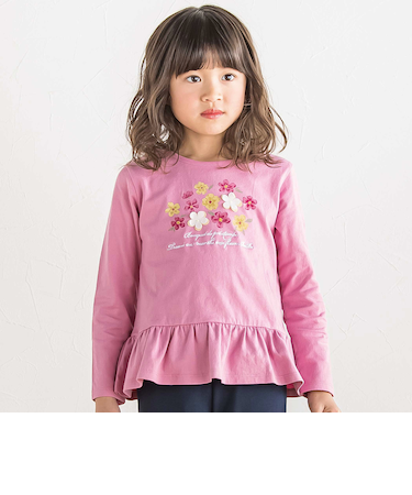 【抗菌防臭・UVカット】ペプラムフリルフラワーモチーフ天竺長袖Tシャツ(90~130cm)