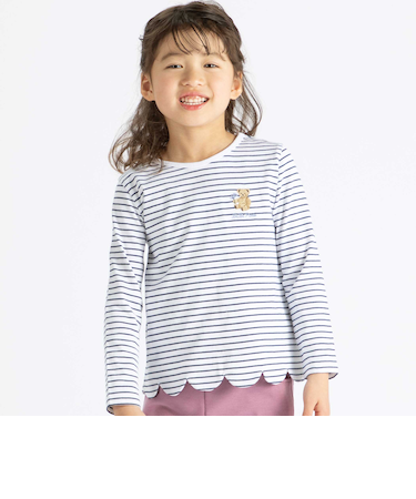 【抗菌防臭・UVカット】裾スカラップくま刺しゅう天竺長袖Tシャツ(90~130cm)