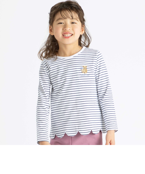 【抗菌防臭・UVカット】裾スカラップくま刺しゅう天竺長袖Tシャツ(90~130cm)